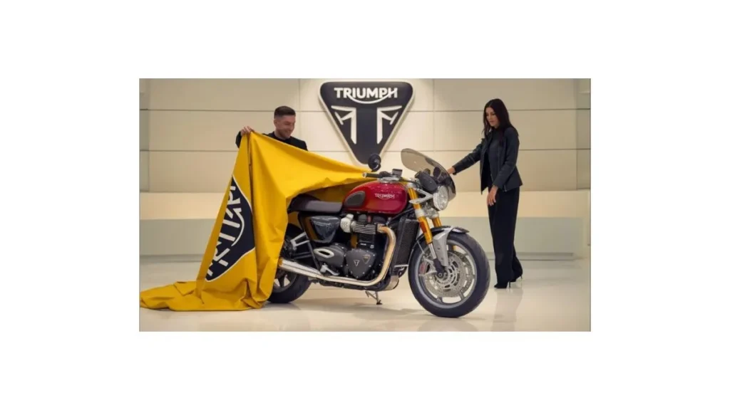 Triumph Rocket 3 power cruiser with enormous engine and ultra-wide rear tyre on the road