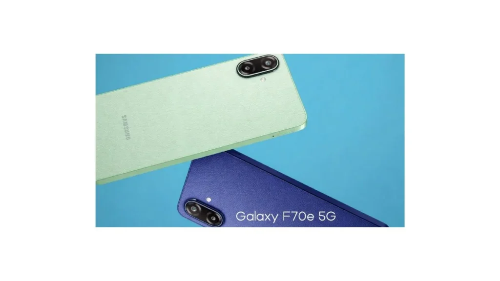 Samsung Galaxy F70e 5G highlighting 120Hz display and 6000mAh battery features